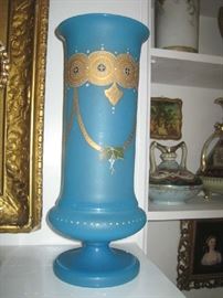 One of a pair of antique beautiful large blue Bristol glass vases with gold painting 