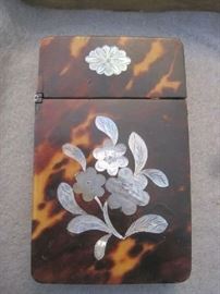 Victorian Tortoise shell calling card case oblong with MOP floral inlay front and back, hinged on side