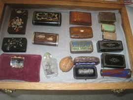 Antique snuff box collection, Victorian Tortoise shell calling card case with MOP floral inlay,  miniature kaleidoscope, hand painted snuff bottle/top, small Swarovski mirrored purse