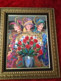 Otto Aguiar. 'Three Ladies with Wildflowers' 2004 measures 30"x 22". Giclee in color on canvas with hand embellishment.