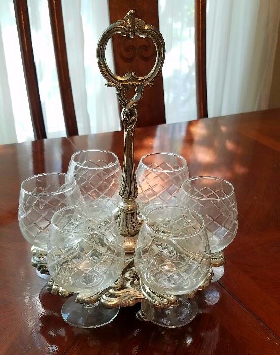 Vintage silver-plated snifter set- caddy with 6 etched glasses