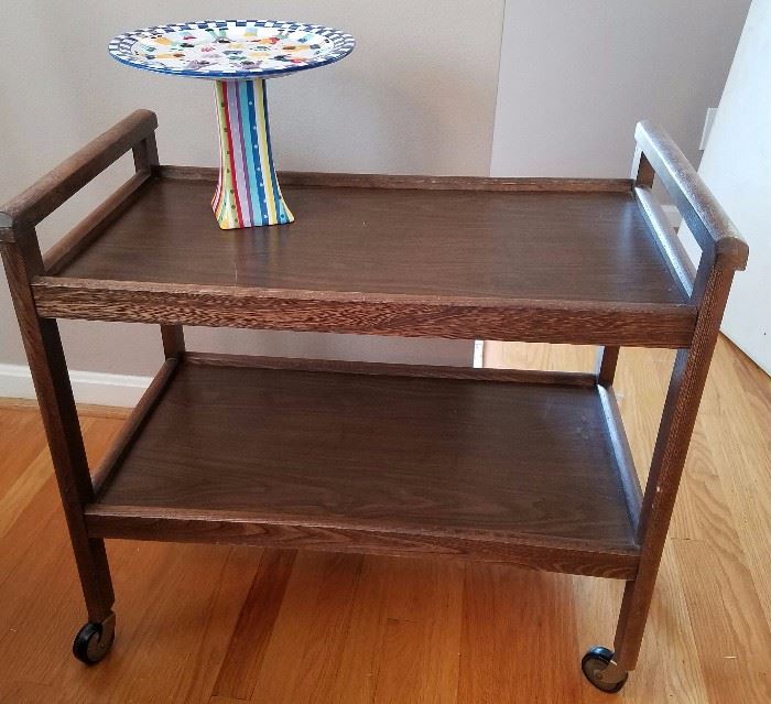 Wooden bar cart with hand painted cake stand.