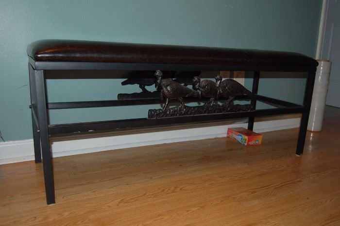 Metal Bench with turkeys and leather top. 