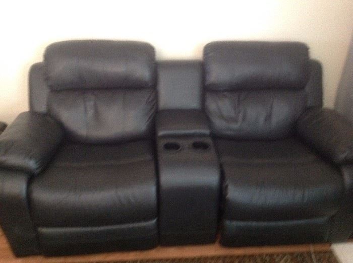 Leather Reclining Love Sofa with Cups holder and additional Storage for TV Remotes, etc.