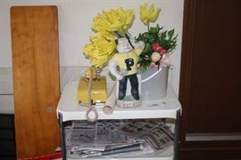 Metal 3 shelf cart, dial phone and Purdue decanter