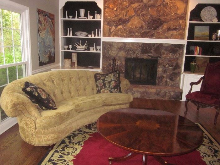 Kidney sofa, Matchin set. Area rug, Coffee table 