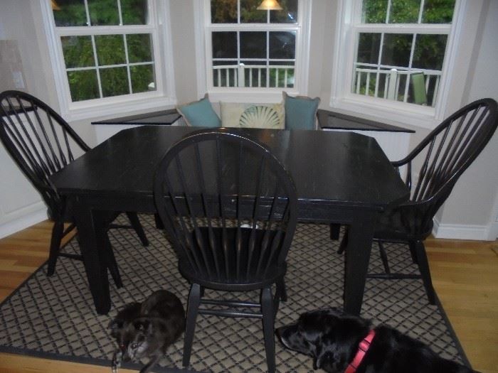 Solid wood dinette set includes 3 chairs. Rug is also available but not the dogs following the camera around.