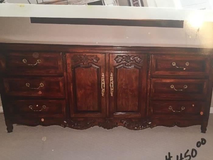 LOT#308  Bedroom Dresser, $190.00. ** BUY IT NOW PAYPAL***Hickory Furniture Co., 80" W X 20" D X 33" H. 3 tray drawers behind doors, solid oak and oak veneers,  brass hardware. Excellent Condition! Matches armoire and nightstands.