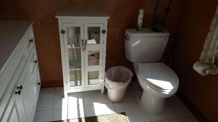 Bathroom cabinet, toiletries, trash can