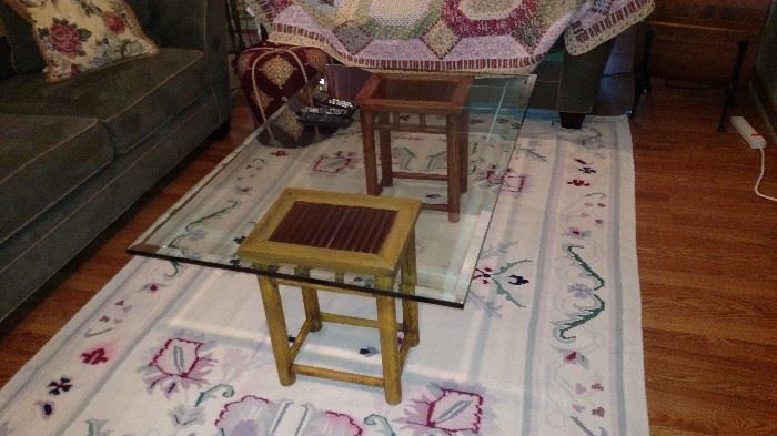 Glass coffee table, area rug