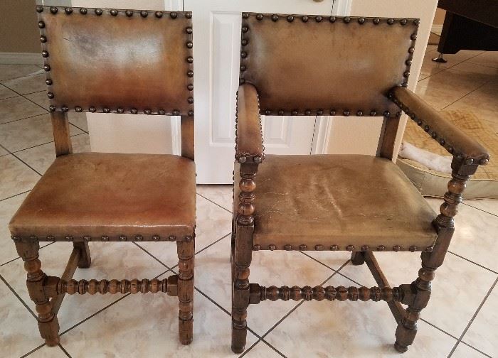 Old English carved Oak & leather dinning chairs