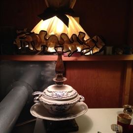Table lamps Soup Turren with bowl, lid, underplate and laddle and Shade. Pair