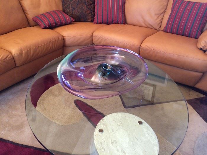 Cantilever glass top coffee  table , leather sofa 
