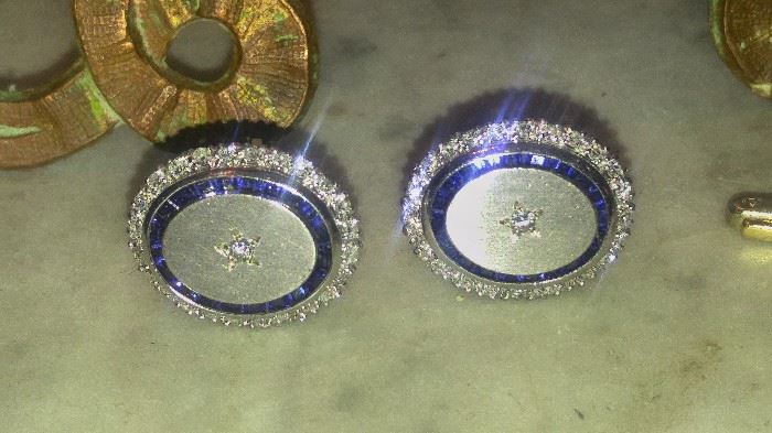 Diamond and Blue Sapphire Cuff Links 14K White Gold