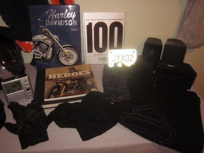 Harley Davidson books, gloves, shirts, jackets 