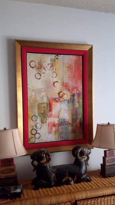 Abstract art gold & Red.  Wooden 2 headed ram
