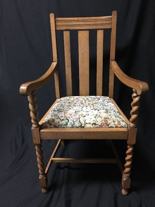 English Oak Barley Twist Arm Chair with Tapestry Seat. New foam seat cushion. Set of 6. Additional photos available, email seller.