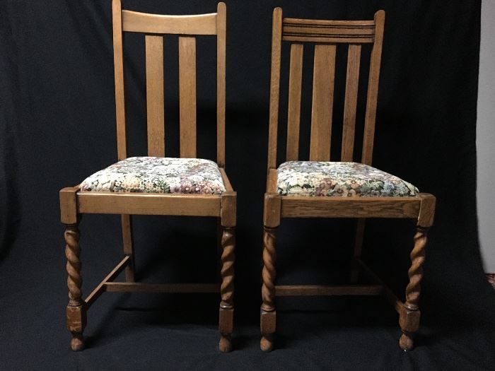 English Oak Barley Twist Chairs with Tapestry Seats. New foam seat cushion. Set of 5 side chairs with 1 arm chair. Sold as set. Additional photos available, email seller.