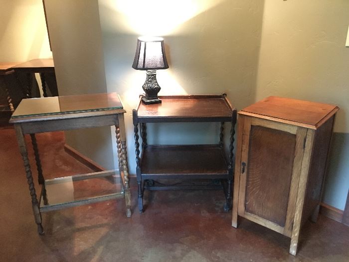 Antique Barley Twist oak side table with glass top & shelf (left). 
Antiqie Barley Twist Tea Cart on originL casters in excellent condition. (Middle)
Antique Oak Caninet with 3 shelves. (Right)
Additional images available. 