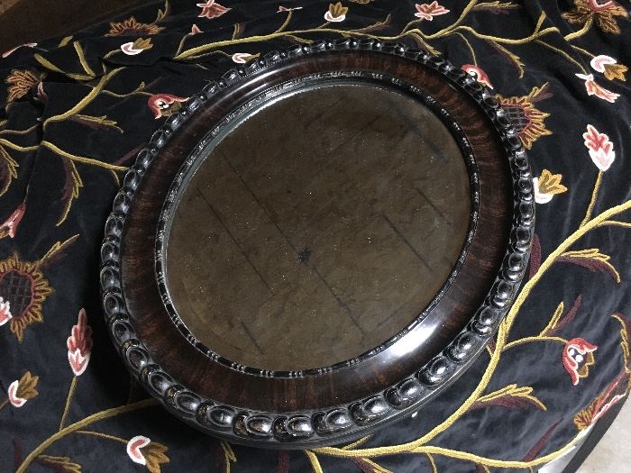 Antique mahogany oval mirror. Original mirror. Also beautiful crewel tapestry throw. Additional photos available. 