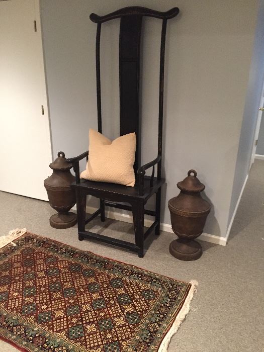 Tall king's chair, ceramics, and wool/silk area rug