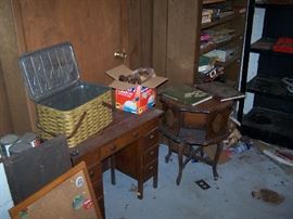 CHILD'S OAK DESK, LAMP TABLE & MISC.