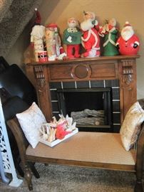 electric fireplace, bench & Anna Lee dolls