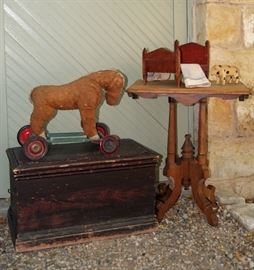 Hand grained Utah pine chest, horse ride-on toy, Eastlake end table attributed to the California Gold Rush, various children's playthings