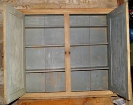 Utah pine upper cabinet with blue paint interior, from the Yardley house in Manti. Signed Chas. Bird, Manti