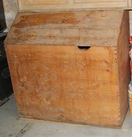 Wood pine bin with cowboy brand marks, dovetail joinery