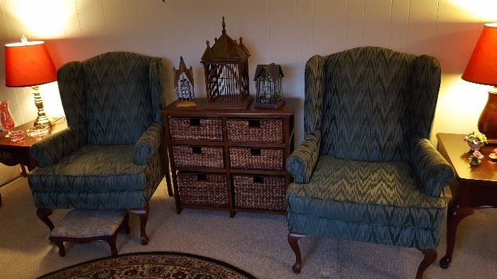 Wingback chairs $50 each wicker etagere $50