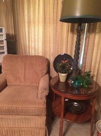 Occasional chair and ottoman; 2-level round side table