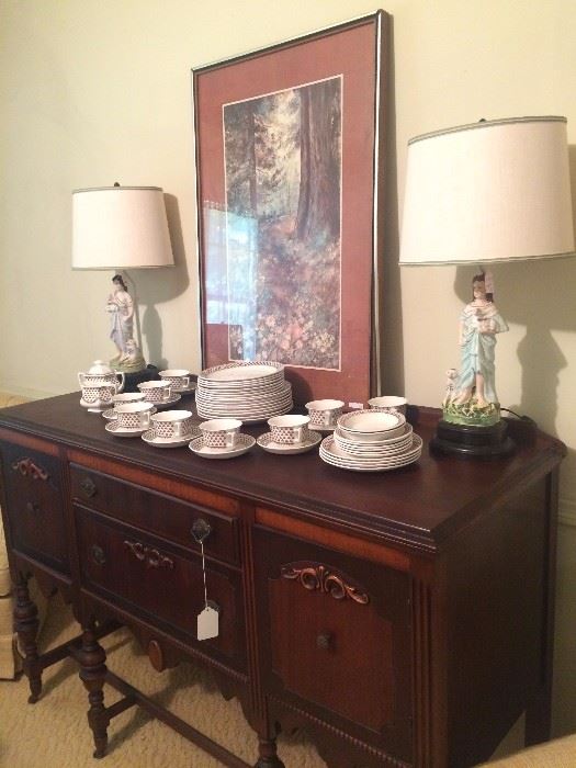 Antique buffet (matches table); vintage figurine lamps; Adams Brown Shamrock china