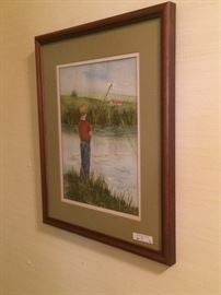Water color of little boy fishing