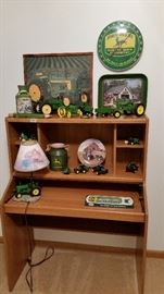 John Deer Collectibles, including clock, Lamp, crock, pictures and thermometer