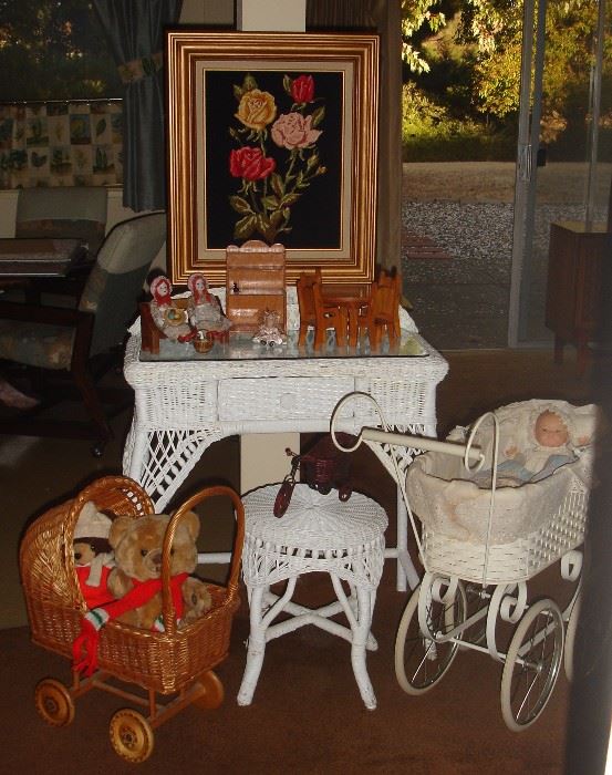 Wicker desk, needlepoint artwork, doll carriages, plush, doll furniture, dolls