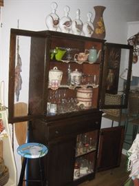 antique cabinet, teapots