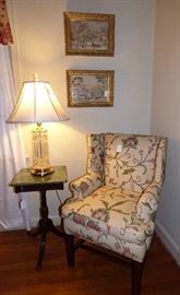 Creweled fabric wing back chair (1 of 2), Waterford crystal lamp, Currier & Ives prints in gorgeous frames