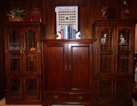 Pair of glass door bookcases, mahogany entertainment center