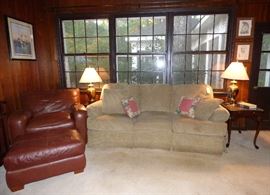 Leather armchair with ottoman, comfortable chenille Clayton Marcus sofa, Queen Anne end table