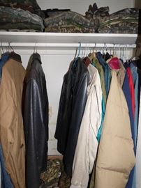 Many hunting clothes, jackets by Carhardt, L L Bean, Orvis, etc