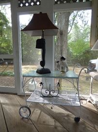 Vintage iron serving cart, elephant lamp 
