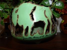 Buffalo metal pot signed by artist, Jeanette Ormond