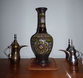 TALL Japanese Champleve (cloisonne) vase, Arabic Dallah brass & chrome coffee pots