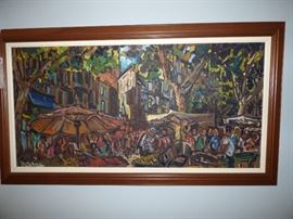 Original Oil : "Souvinie de Nice" by Jean Roger in 1969 at Galerie Albert I in Nice, France.  The artist, Jean Roger won Grand Prize of New York 1960-62.  37 1/2" long, 17 1/2" high