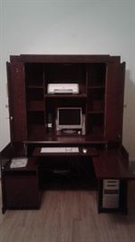 gently used desktop HP computer, printer, gorgeous 2 level desk with plenty of storage space