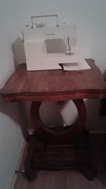 sewing machine, wooden sewing table