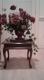 end table, artificial floral centerpiece 