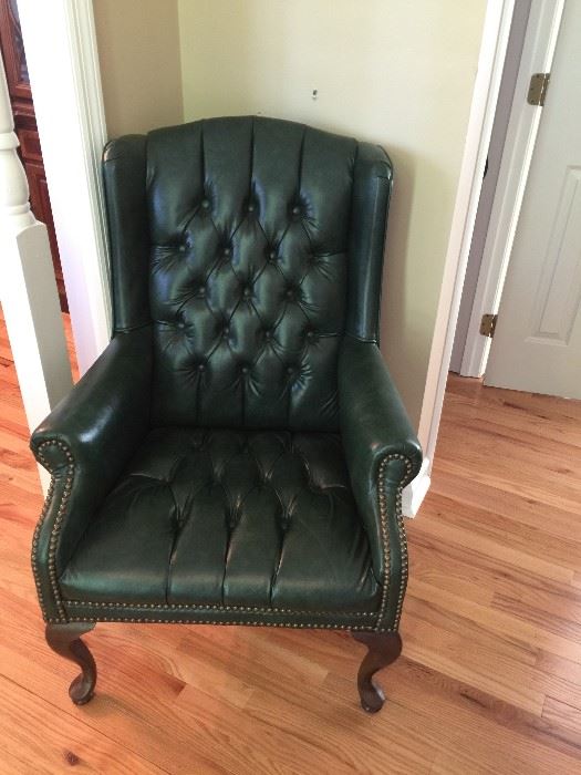 #17 Leather Button Back Wingback Chairs $150 each (2 of these) — at otey circle, Meridianville AL 256-656-989five to reserve an item.