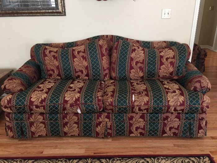 #23 Sofa Green and Burgandy As IS 89inLx41D As Is $25 — in Meridianville, Alabama.